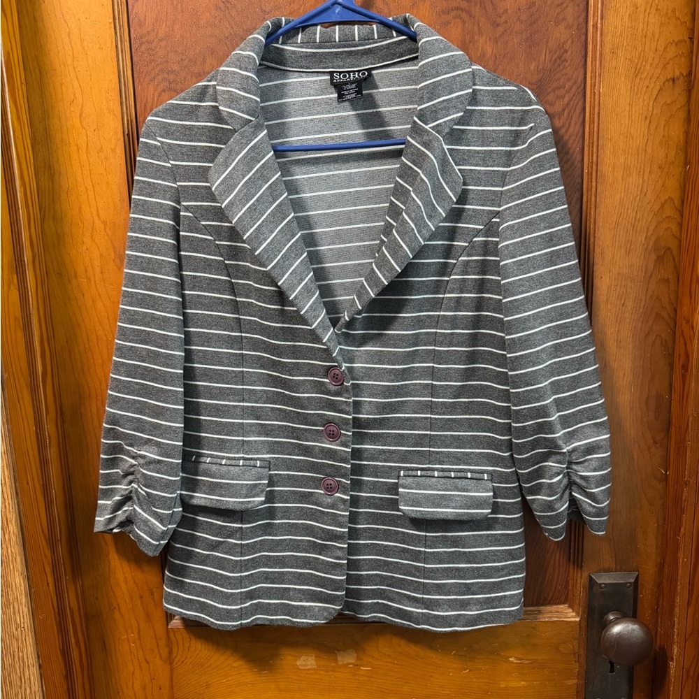 Soho Apparel Women's Large Gray White Stripe Blazer Professional Office Business